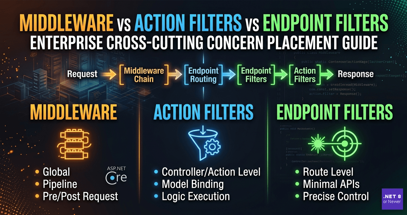 ASP.NET Core Middleware vs Action Filters vs Endpoint Filters: Enterprise Cross-Cutting Concern Placement Guide