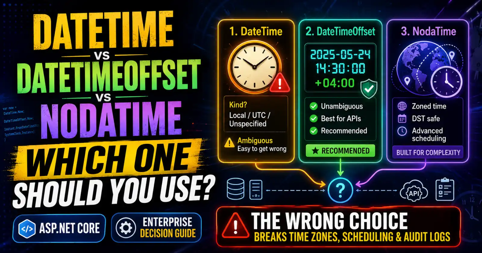 DateTime vs DateTimeOffset vs NodaTime in ASP.NET Core: Enterprise Decision Guide